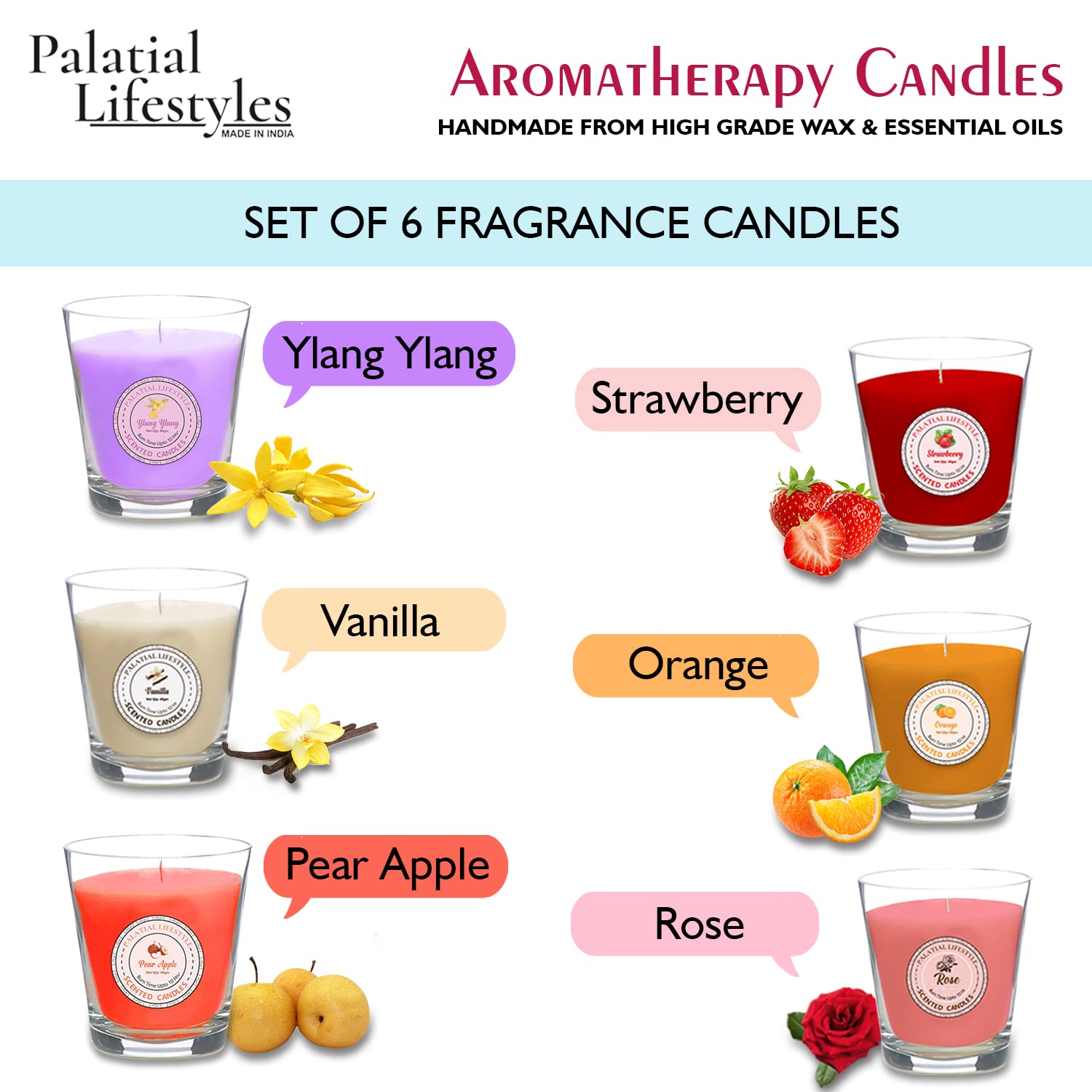 Palatial Lifestyles Glass Scented Candles For Home,Set Of 6,Scented Candles For Bedroom,Fragrance Candle,Aroma Candles (Ylang Yl